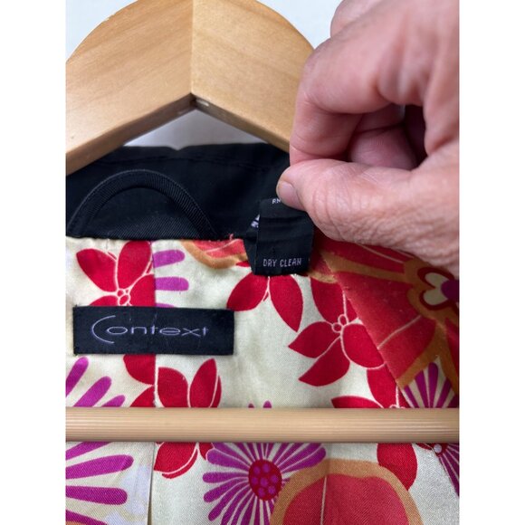 Context Trench Coat Womens M Belted Double Breasted Floral Lining Blk Retro Chic - Picture 11 of 13